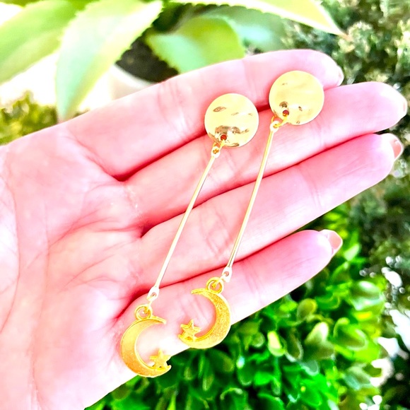 Gold Moon and Star Dangle Earrings - Picture 2 of 7